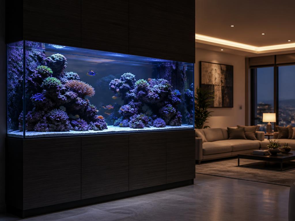Custom saltwater aquarium built into a modern living room