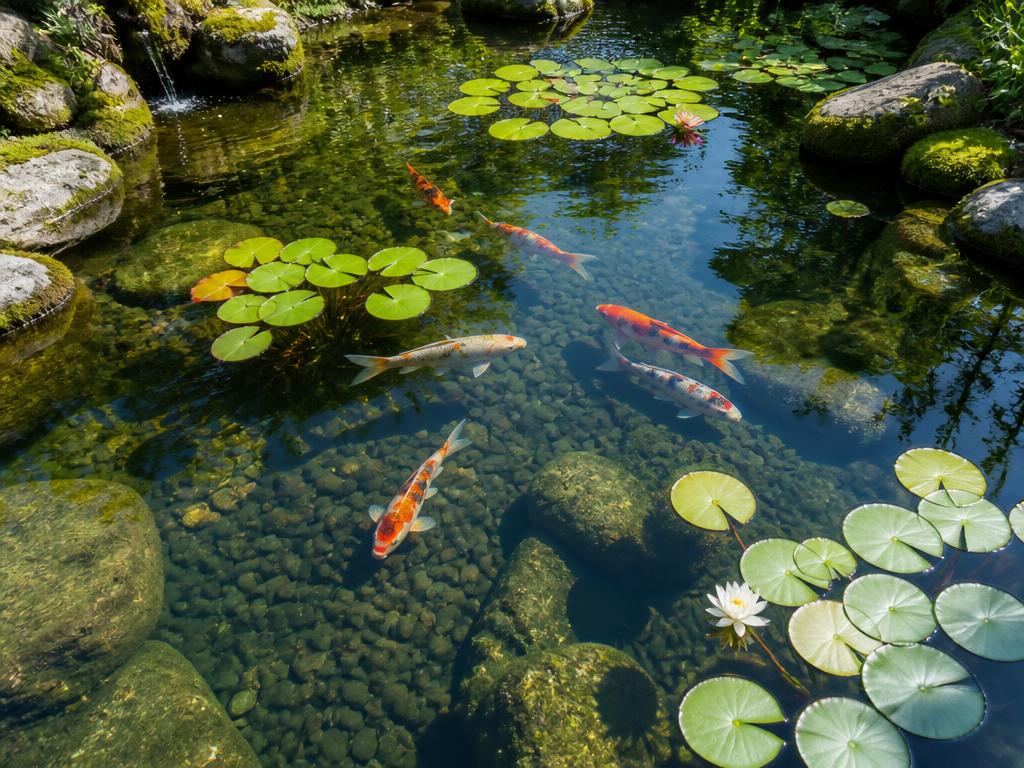 Natural koi pond with lily pads and clear water